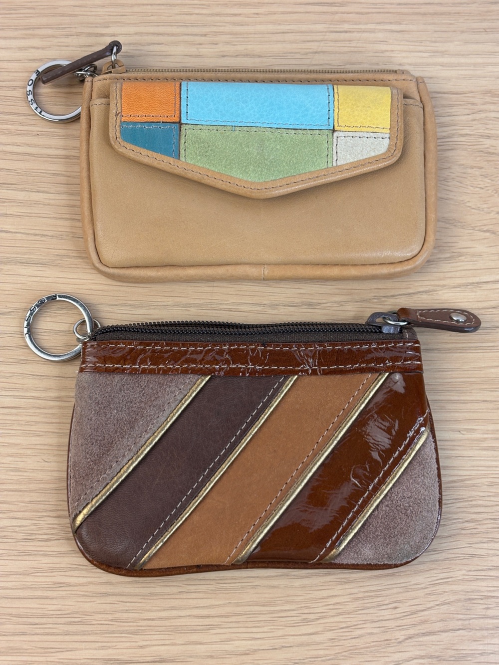 Vintage Fossil Patchwork Leather Zip Keychain Pouches Brown & Tan Colorful